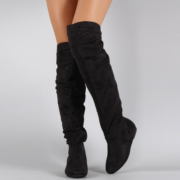 NEW🔥 Black Slouch Baggy Over The Knee OTK Flat Boots Pull-On Faux Suede - Picture 2 of 3
